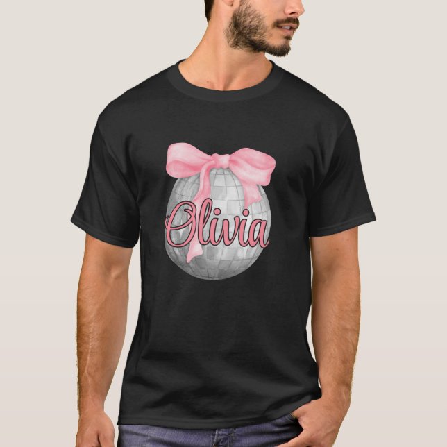 Personlig Namn Olivia Coquette Bow Rosa Disco B T Shirt (Framsida)