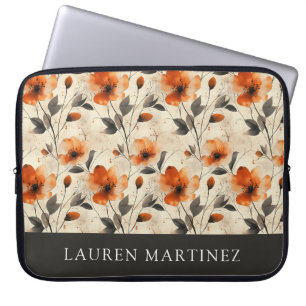 Personlig Namn Orange Flowers Grått Löv Skriv ut Laptop Fodral