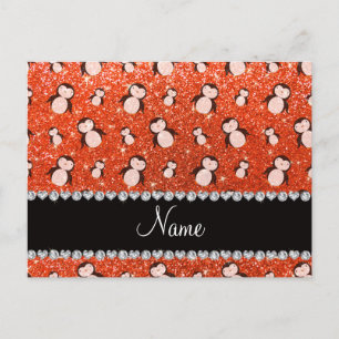 Personlig namn orange glitter penguiner vykort