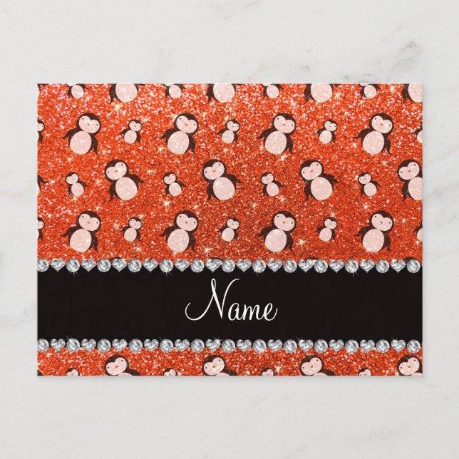 Personlig namn orange glitter penguiner vykort (Framsida)