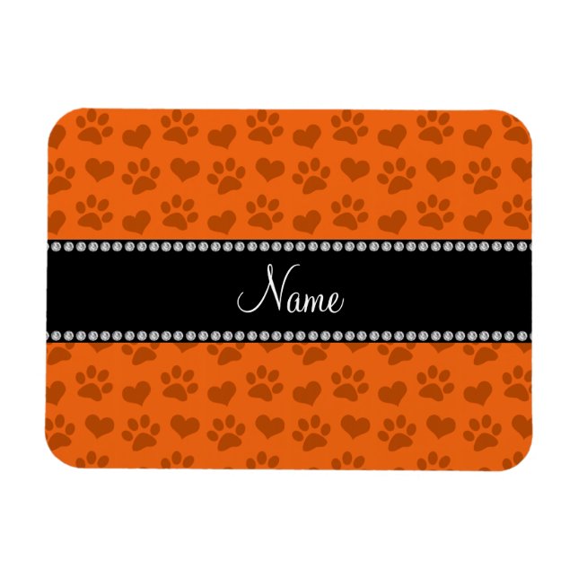 Personlig namn orange och tass avtryck magnet (Horisontell)