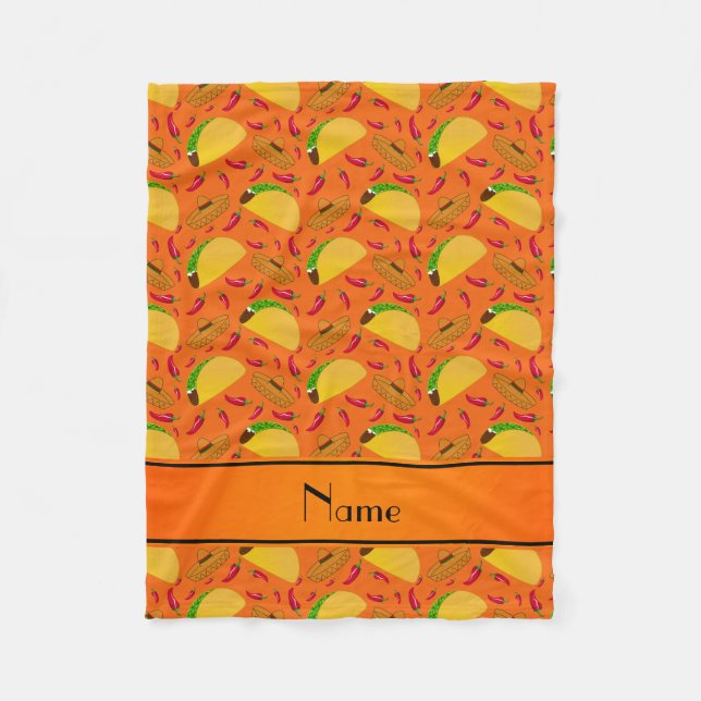 Personlig namn orange tacos sombreros chilis fleecefilt (Framsidan)