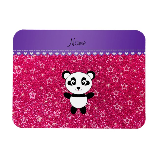 Personlig namn panda ro rosa glitter stjärnor magnet (Horisontell)