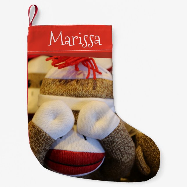 Personlig Namn Peek-a-boo Sock monkey Liten Julstrumpa (Framsidan)