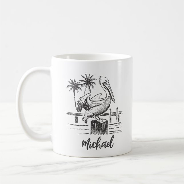 Personlig Namn pelikan vid Träd vid Handflatan Kaffemugg (Vänster)