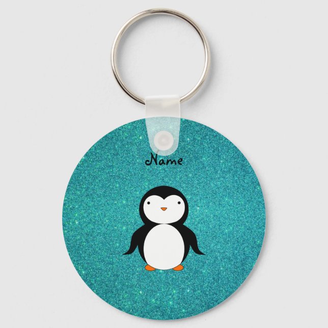 Personlig namn penguin turkos glitter nyckelring (Framsida)