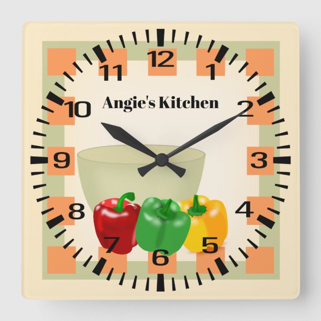 Personlig Namn Pepper Veggie Bowl Kitchen Clock Fyrkantig Klocka (Framsida)