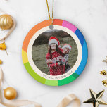Personlig Namn Photo Colorful Rainbow Ram Julgransprydnad Keramik<br><div class="desc">Lägg till en stänk i färg till din helgdag-dekoration med den här söta anpassningsbarnas fotodekoration, med en sjudande abstrakt som formar gräns i en färger regnbåge. Anpassa ett foto och din familj namn eller barnens namn och året för att skapa en unik och glatt keepy. Perfekt för att fånga speciella...</div>