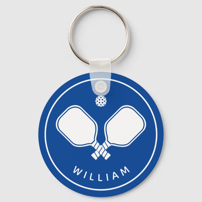 Personlig Namn Pickleball Blue & White Keychain Nyckelring (Framsida)