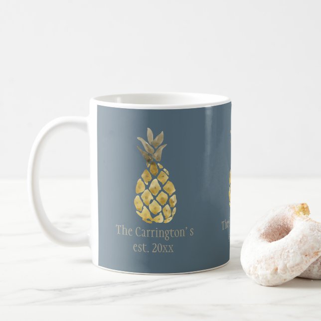 Personlig Namn Pineapple Rustic Blue Kaffemugg (Med munk)