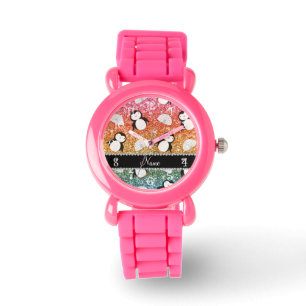 Personlig namn regnbåge glitter penguins igloos armbandsur