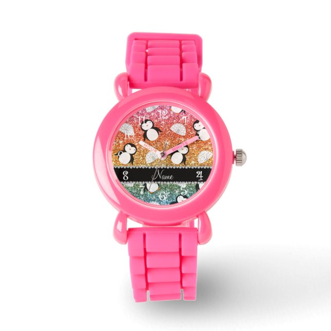 Personlig namn regnbåge glitter penguins igloos armbandsur (Framsida)