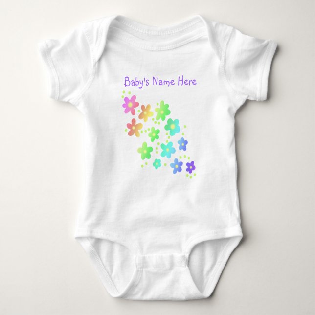 Personlig Namn Regnbågsblommor Baby Bodykosten T Shirt (Framsida)