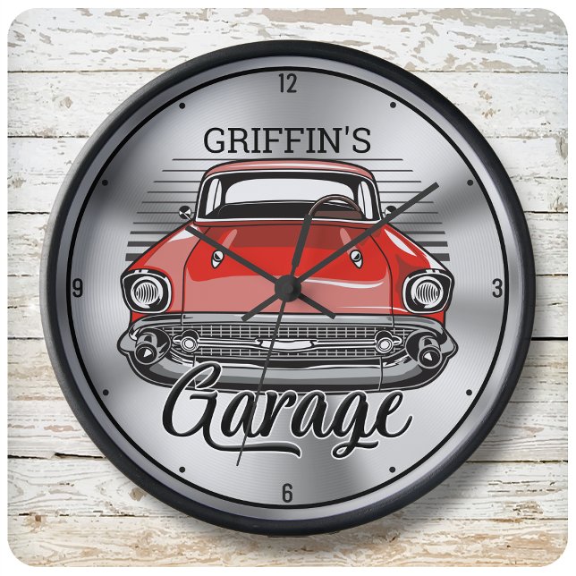 Personlig NAMN Retro Classic Car Cruiser Garage Stor Klocka (Skapare uppladdad)