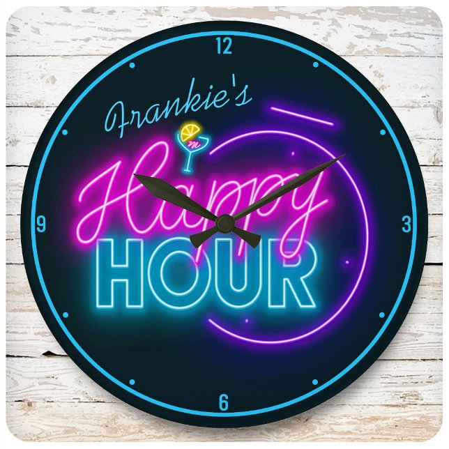 Personlig NAMN Retro Faux Neon Lycklig Hour Pub Rund Klocka (Skapare uppladdad)