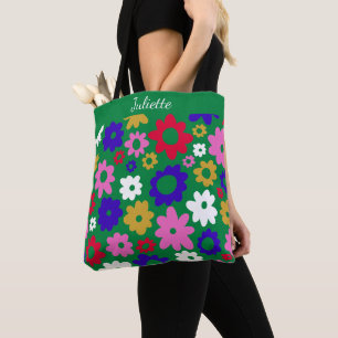 Personlig Namn Retro Grönt Flowers Vibrant Tygkasse