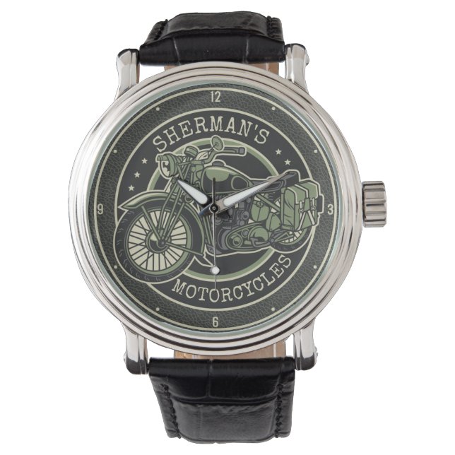 Personlig NAMN Retro militär motorcykelBiker Armbandsur (Framsida)