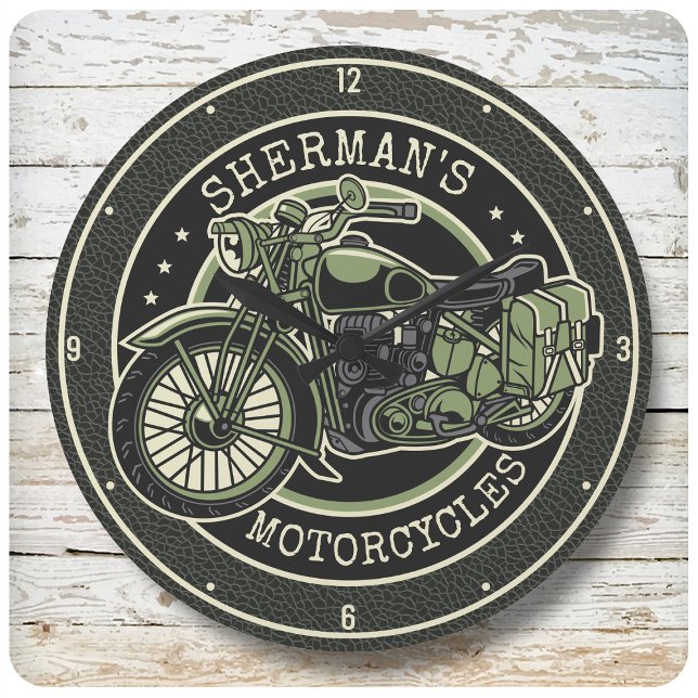 Personlig NAMN Retro militär motorcykelBiker Stor Klocka (Skapare uppladdad)