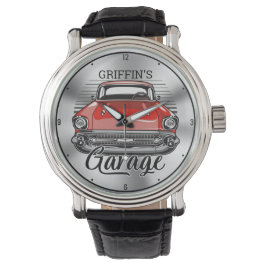 Personlig NAMN Retro Red Classic Car Garage Armbandsur
