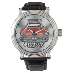 Personlig NAMN Retro Red Classic Car Garage Armbandsur
