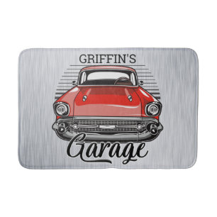 Personlig NAMN Retro Red Classic Car Garage Badrumsmatta