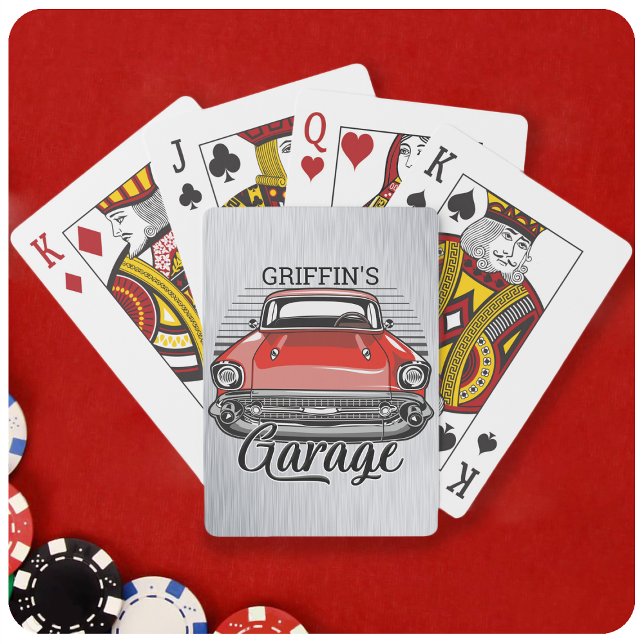 Personlig NAMN Retro Red Classic Car Garage Casinokort (Skapare uppladdad)