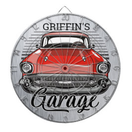 Personlig NAMN Retro Red Classic Car Garage Darttavla
