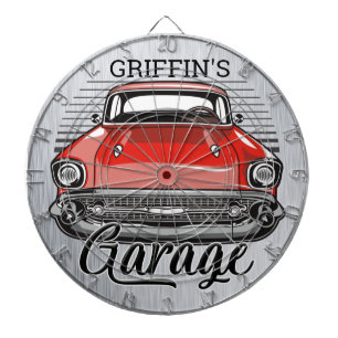 Personlig NAMN Retro Red Classic Car Garage Darttavla