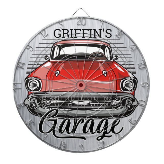Personlig NAMN Retro Red Classic Car Garage Darttavla (Framsidan)