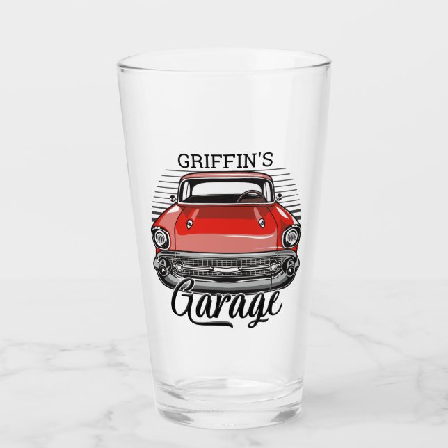 Personlig NAMN Retro Red Classic Car Garage Glaskopp (Framsida)