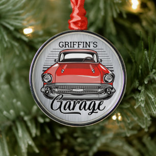 Personlig NAMN Retro Red Classic Car Garage Julgransprydnad Metall