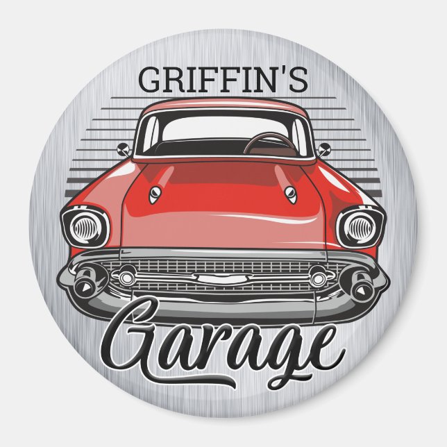 Personlig NAMN Retro Red Classic Car Garage Magnet (Framsidan)