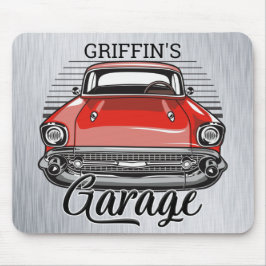 Personlig NAMN Retro Red Classic Car Garage Musmatta
