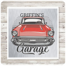 Personlig NAMN Retro Red Classic Car Garage