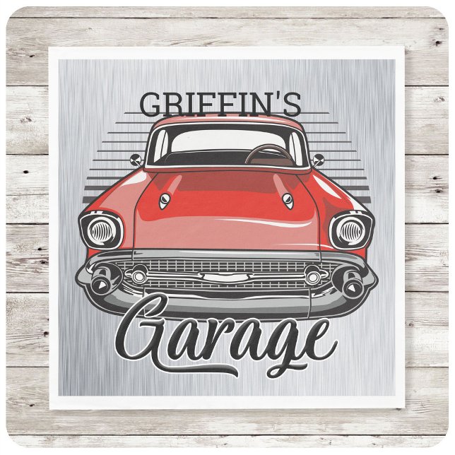 Personlig NAMN Retro Red Classic Car Garage Pappersservett (Skapare uppladdad)