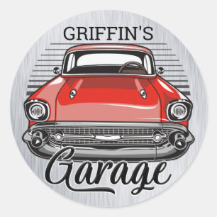 Personlig NAMN Retro Red Classic Car Garage Runt Klistermärke