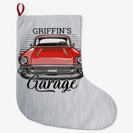 Personlig NAMN Retro Red Classic Car Garage Stor Julstrumpa
