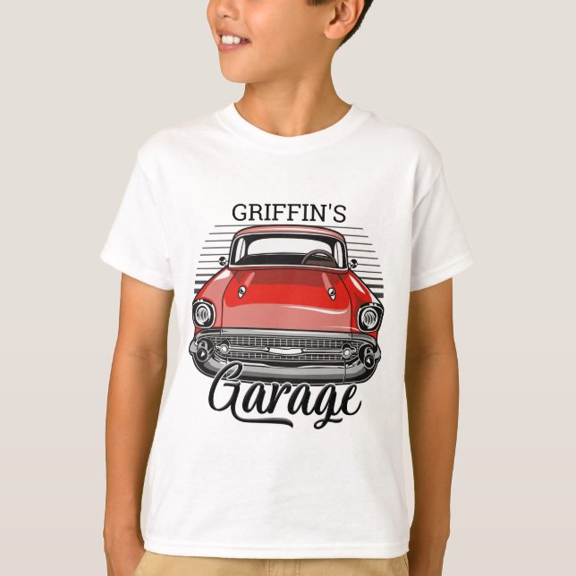 Personlig NAMN Retro Red Classic Car Garage T Shirt (Framsida)