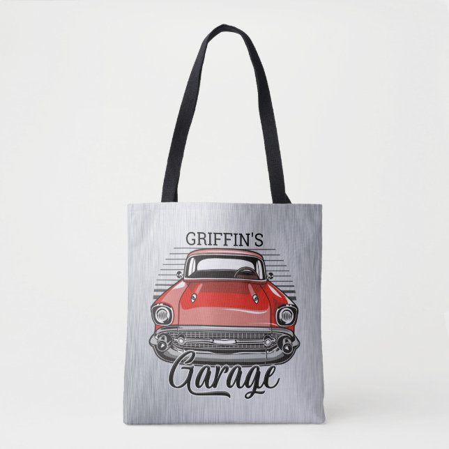 Personlig NAMN Retro Red Classic Car Garage Tygkasse (Framsida)