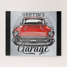 Personlig NAMN Retro Röd Klassisk Bilgarage
