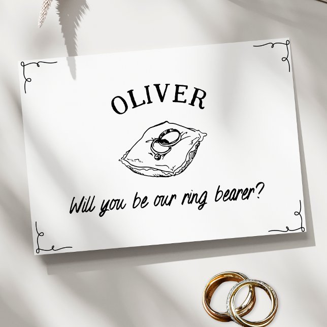 Personlig Namn Ring Bearer Frieri Hand plockade Kort (Ask your little ring bearer in style with this vintage-inspired personalized card.)