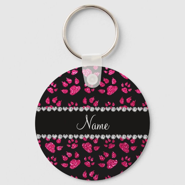 Personlig namn ro rosa glitter kattkatt tass vid  nyckelring (Framsida)