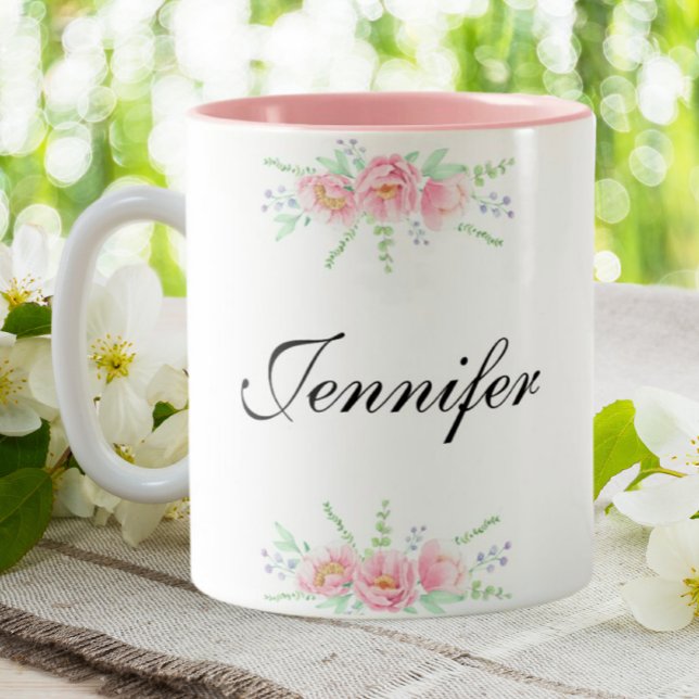 Personlig Namn Rosa Blommigt  Anpassningsbar kaffe Två-Tonad Mugg (Skapare uppladdad)