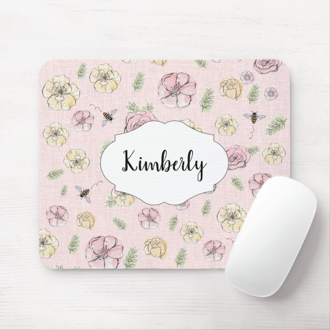 Personlig Namn Rosa Blommigt Musmatta (Med mus)