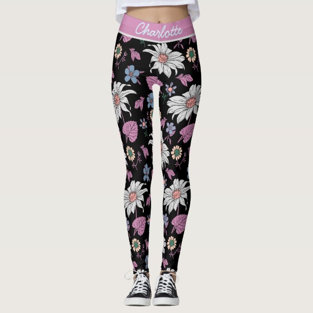 Personlig namn rosa blommigt utan sömlös mönster leggings (Framsida)