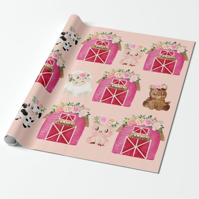 Personlig Namn Rosa Farm/ Blommigt Barn Gift Wrap Presentpapper (Utrullad)