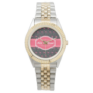 Personlig Namn Rosa Flamingo Mönster Armbandsur