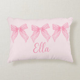 Personlig Namn Rosa Gingham Coquette Bow Pillow Prydnadskudde