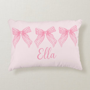 Personlig Namn Rosa Gingham Coquette Bow Pillow Prydnadskudde