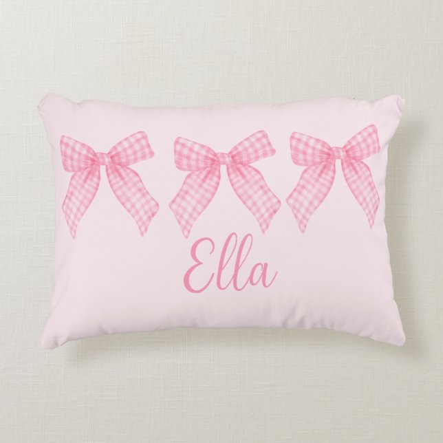 Personlig Namn Rosa Gingham Coquette Bow Pillow Prydnadskudde (Framsidan)
